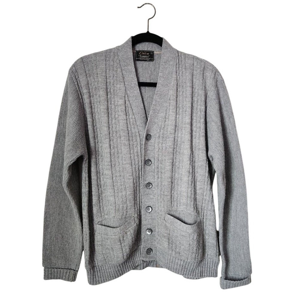 CAMPUS VINTAGE Orlon Gray Knit Cardigan Sweater Pockets Grunge USA L